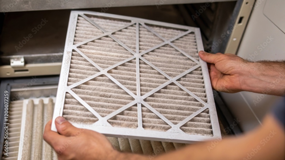 Aufkleber A closeup image showing a technicians hands cleaning a filter in an air handling unit with dust and debris visible on the filter material.