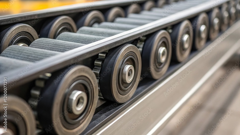 Poster A closeup of a beltdriven roller system featuring the intricate design of rollers in motion with a focus on the grooves and textures that ensure efficient package movement.