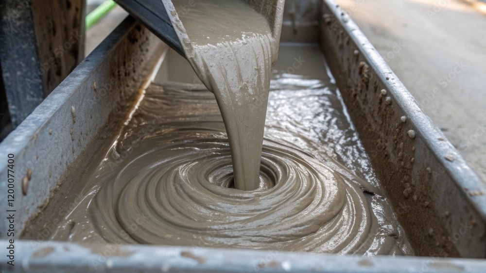 Fototapete a closeup of a concrete mixer pouring a thick stream of wet concrete into a mold the mix swirling as