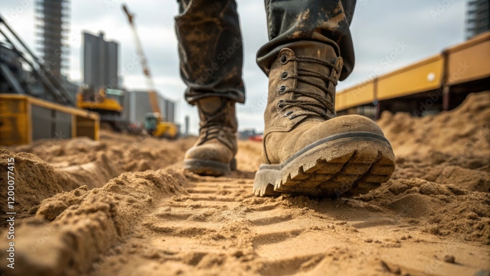 Poster a closeup of a construction workers boots stepping through sandy soil emphasizing the gritty environ