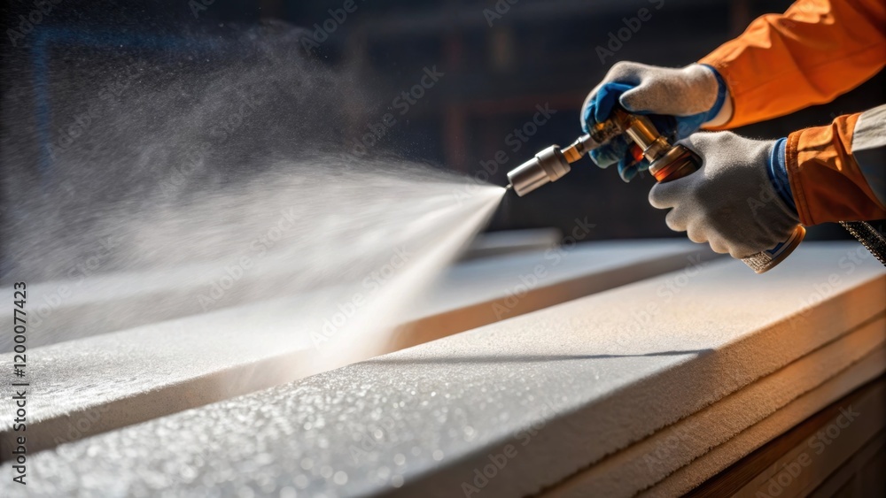 Poster A closeup of a construction workers hands applying fireproofing through a highpressure sprayer with droplets of the fireresistant material glistening in the light.