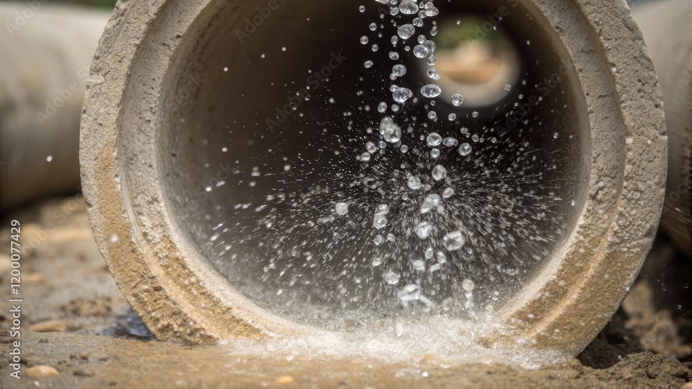 Poster a closeup of a concrete pipe being vibrated to eliminate air bubbles with droplets of concrete splas