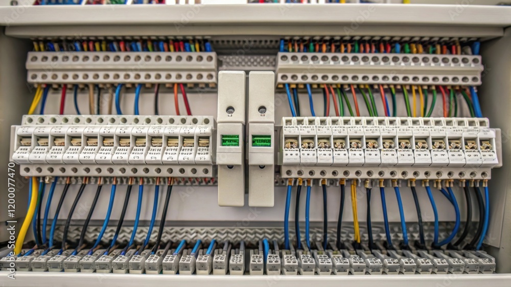Aufkleber A closeup of a control panel backplane filled with neatly organized wires and terminals displaying a meticulous arrangement that emphasizes the importance of order in electrical