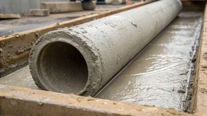 A closeup of a concrete pipe being removed from a mold revealing the fresh concrete and the rough edges where the two parts separate.