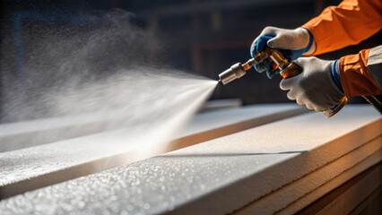 A closeup of a construction workers hands applying fireproofing through a highpressure sprayer with droplets of the fireresistant material glistening in the light.