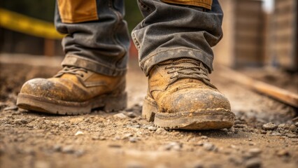 A closeup of a construction workers boots covered in dirt and gravel standing firmly on the ground symbolizing stability and the groundwork of construction labor.