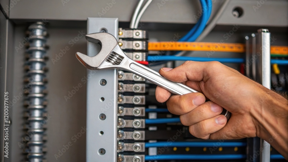 Poster a closeup of a hand gripping a wrench as it applies torque to a junction box highlighting the precis