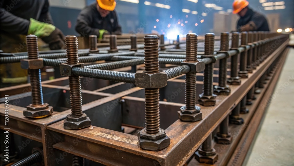Poster A closeup of a heavily reinforced steel structure being assembled as part of the loading station with bolts and welding equipment in action emphasizing the strength needed for