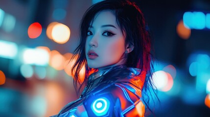 Fototapeta premium An Asian cosplayer in shining futuristic cyberpunk clothing and high-tech accessories, background wallpaper AI generated image