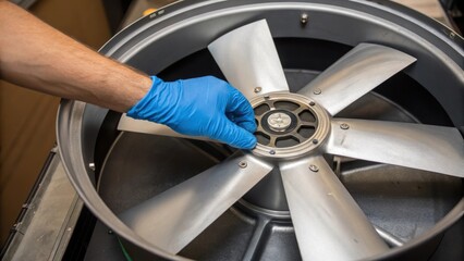 A closeup of a gloved hand positioning a fan blade onto a central hub emphasizing the weight and size of the materials involved in the assembly.
