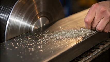 A closeup of a hand brushing off metal shavings from a freshly steel piece revealing the polished surface underneath.