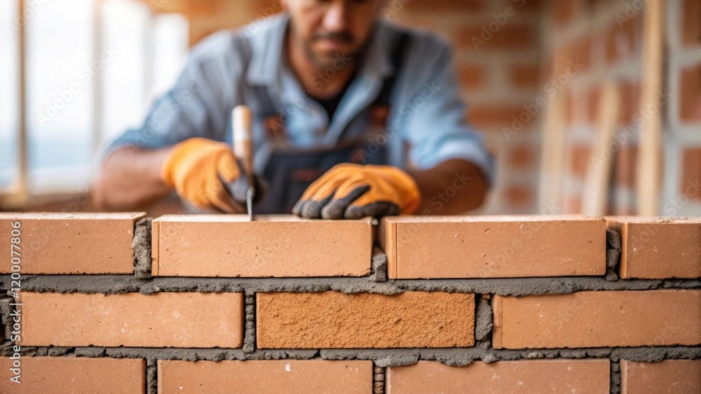 Aufkleber A closeup of a masonry worker applying mortar to bricks showing the hands at work with tools and partially finished walls in the blurred background.