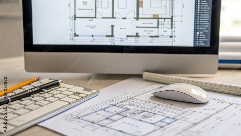 Poster A closeup of a mouse clicking as the display shows a detailed wireframe of a building layout surrounded by architectural plans and CAD tools tered on the desk.