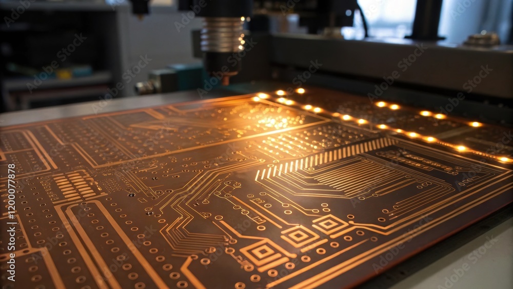 Fototapete A closeup of an artistically illuminated printed circuit board with intricate patterns of copper traces emphasizing high precision in design and manufacturing.