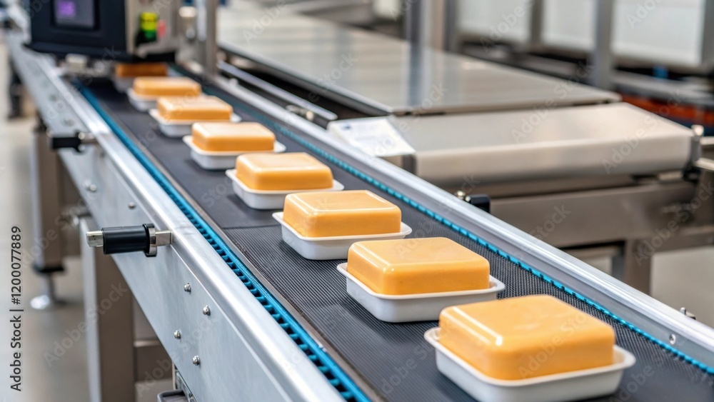 Leinwandbilder A closeup of an automated conveyor belt feeding items to a weighing system with focus on the smooth operation and alignment of the products being weighed.