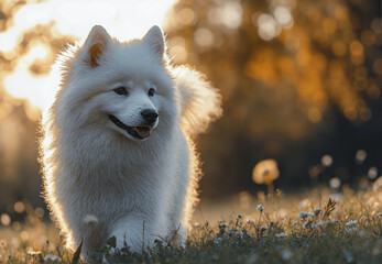 Obraz premium A white dog is walking in a field of grass. The dog is happy and he is enjoying the outdoors.