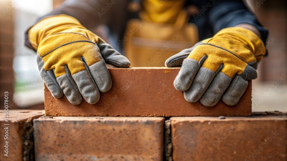 Poster a closeup of a pair of safety gloves gripping a brick emphasizing the protective gear and ensuring s