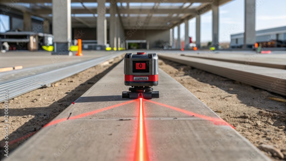 Aufkleber A closeup of a precision laser leveling tool set up on the ground casting a bright red beam to ensure the foundation of the parking structure is perfectly aligned.