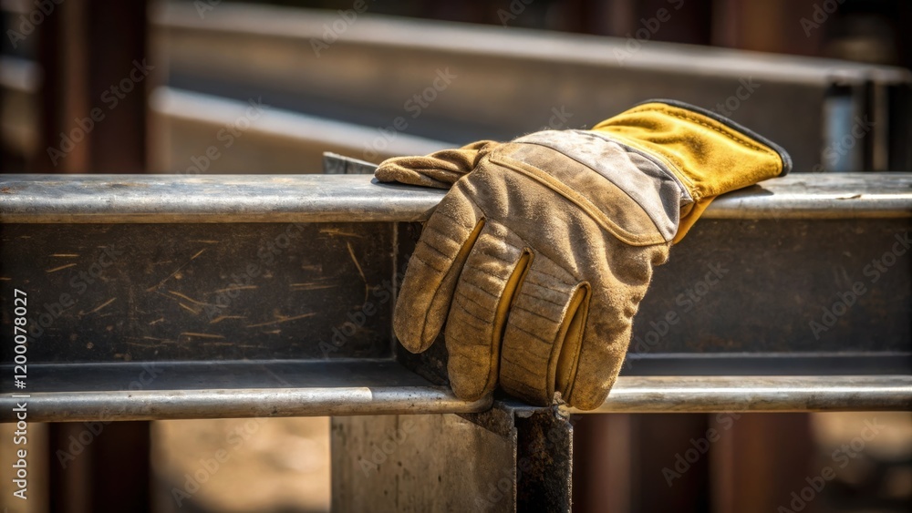 Poster a closeup of a protective glove gripping a metal support beam showing signs of wear and tear from co
