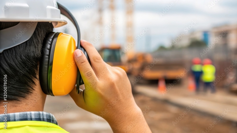 Poster A closeup of a protective ear cover being adjusted by a worker hinting at the noisy environment of construction while emphasizing the necessity of safety protocols.