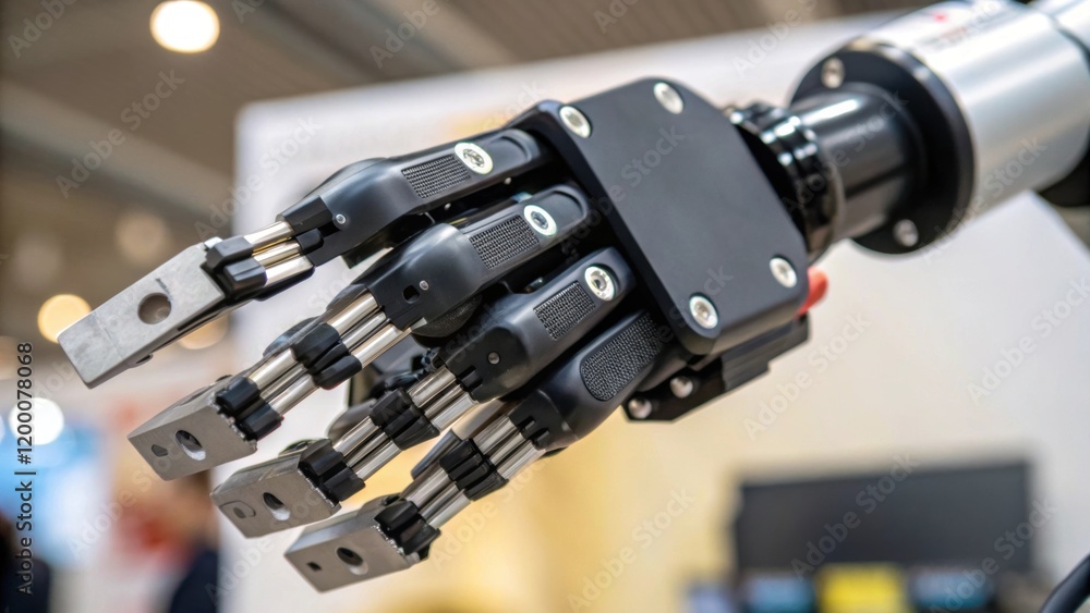 Poster A closeup of a robotic arms gripper mechanism showcasing its adaptive fingers gripping various shapes and sizes illustrating its versatility in handling materials.