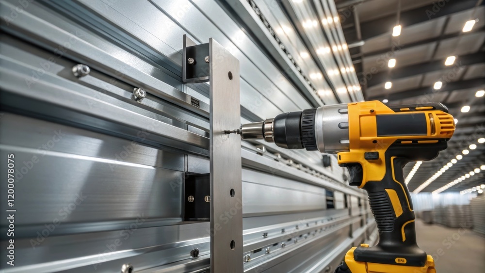 Poster a closeup of a power tool being used to secure wall panels with metal components glistening under in