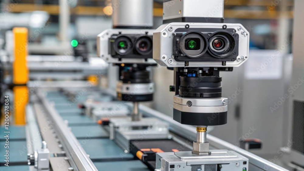 Fototapete A closeup of a robotic vision system featuring hightech cameras analyzing parts as they move down the line ensuring quality control in the assembly process.