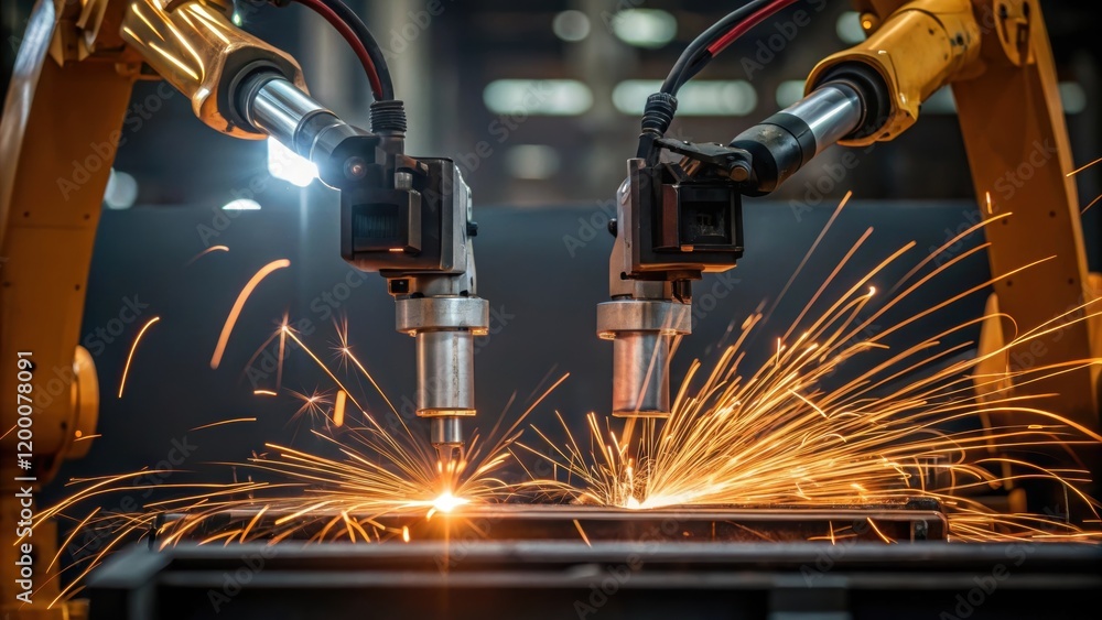 Poster a closeup of a robotic welding arm in action molten sparks flying as it fuses two metal parts togeth