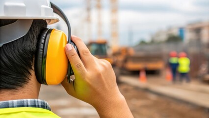 A closeup of a protective ear cover being adjusted by a worker hinting at the noisy environment of construction while emphasizing the necessity of safety protocols.