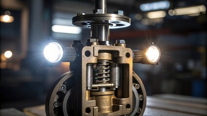 A closeup of a pressure valves intricate inner mechanisms showcasing gears and springs under the illumination of a flashlight.