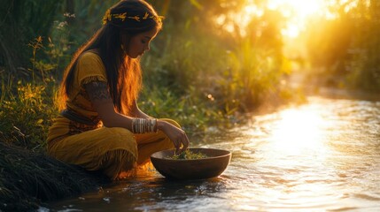 An Amazonian medicine woman kneeling by a flowing river, mixing a potion in a wooden bowl, sunset gold, background wallpaper AI generated image