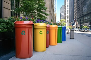 Vibrant recycling bins stand on a city sidewalk, encouraging responsible waste disposal and promoting a cleaner environment amidst the bustling urban landscape
