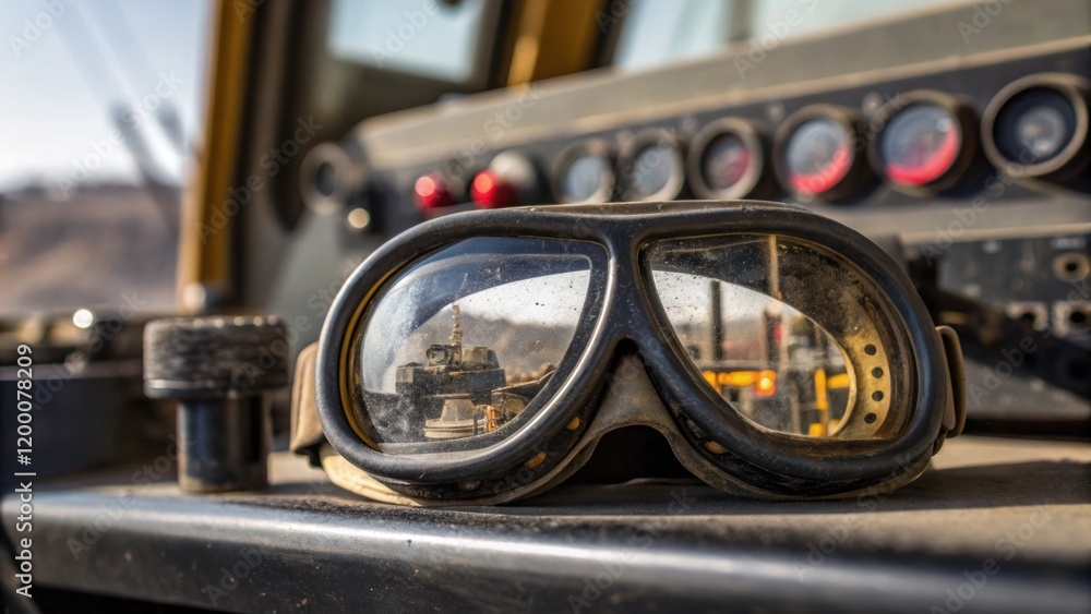Aufkleber A closeup of a rugged pair of safety goggles resting on the dashboard of a front loader with a panoramic view of mining operations reflected in the lenses.