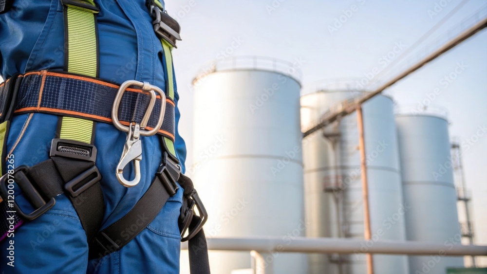 Poster a closeup of a safety harness clipped to a workers belt with the towering tanks looming above emphas