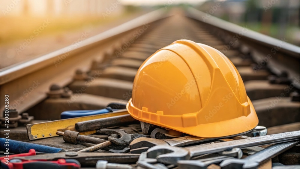 Poster a closeup of a safety helmet resting on a pile of tools illustrating the importance of safety in rai