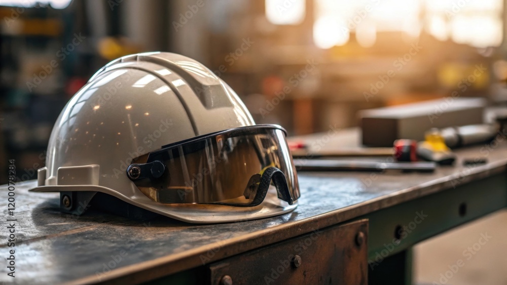 Aufkleber a closeup of a safety helmet resting on a workbench with reflection of industrial equipment visible 