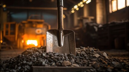 A closeup of a shovel dipping into a pile of scrap metal the heat from the furnace casting a warm light over the workers hands.