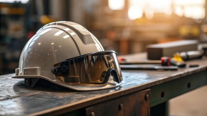 A closeup of a safety helmet resting on a workbench with reflection of industrial equipment visible in its visor symbolizing readiness and protection.