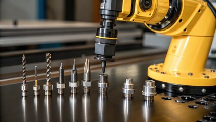 A closeup of a robotic arms end effector gripping various tools emphasizing the diverse functionalities with tools reflecting light against a polished surface.