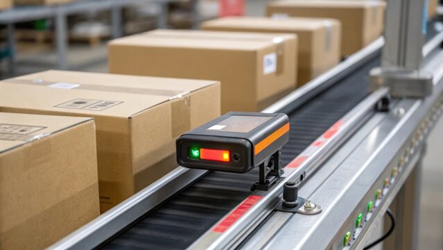 A closeup of a sensor mounted above the conveyor belt with an illuminated indicator showing it in action ready to detect irregularities or blockages during the package transport