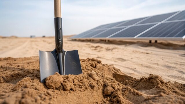 A closeup of a shovel breaking ground in the sandy soil with a solar panel laid out in the background symbolizing the beginning of a new installation project in a harsh