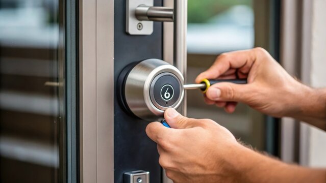 A closeup of a smart lock being installed on a door focusing on the keyless entry mechanism and the technicians hands symbolizing enhanced security features within smart buildings.