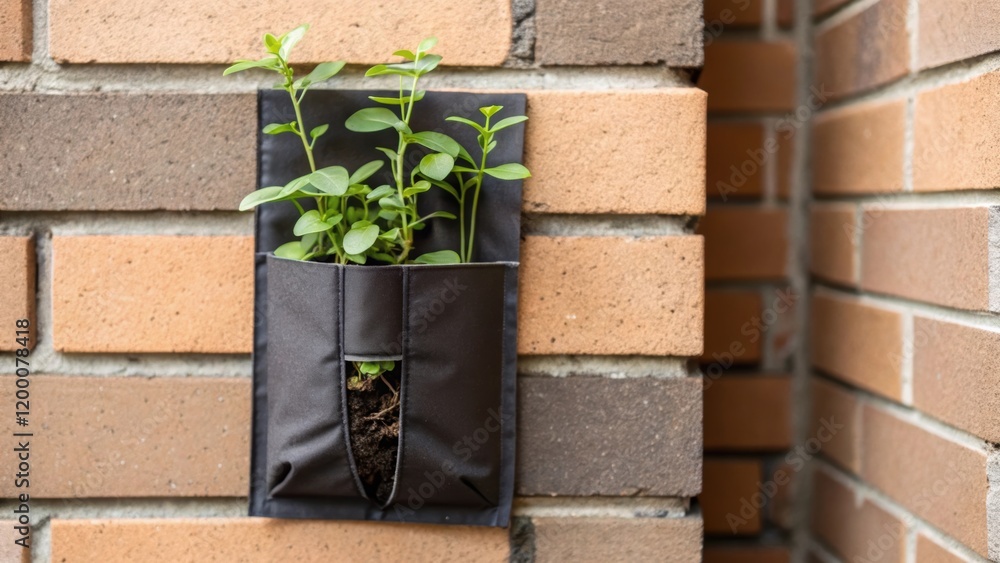 Poster a closeup of a small plant being nestled into a specially designed pocket in a vertical wall system 
