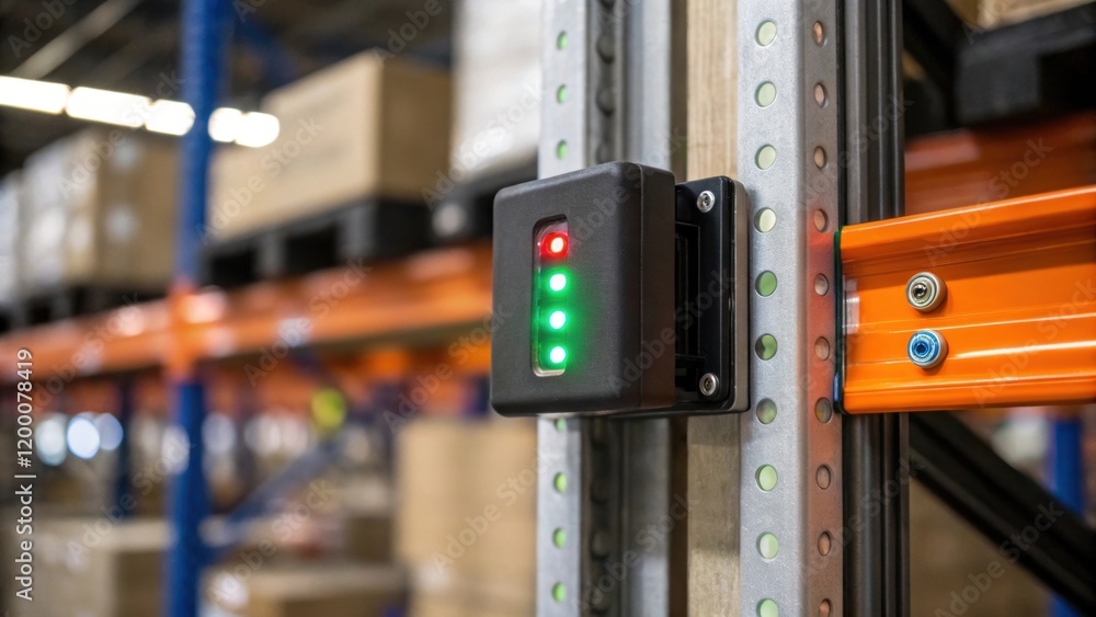 Poster A closeup of a smart sensor installed on a pallet rack with blinking LEDs indicating its operational status emphasizing the integration of advanced monitoring technology.