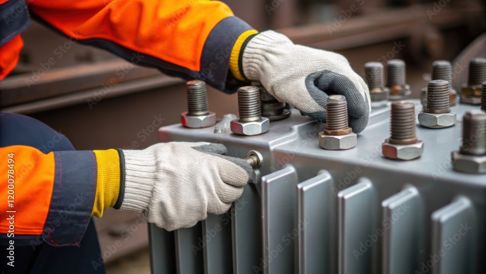Poster a closeup of a technicians hands wearing safety gloves as they tighten bolts on a heavyduty transfor