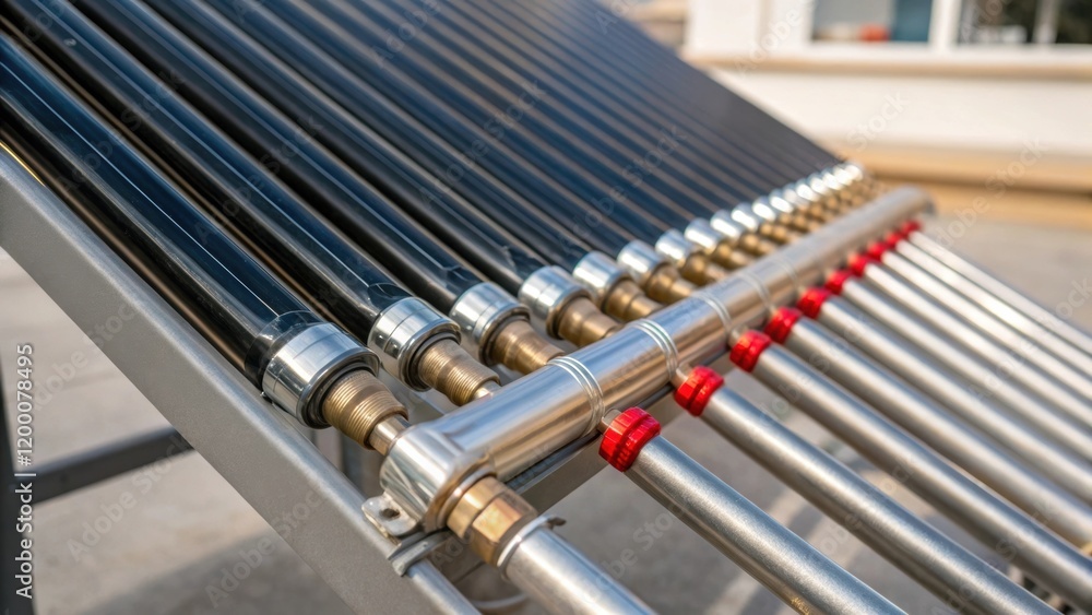 Poster a closeup of a solar water heater connecting to plumbing with glistening pipes and fittings illustra
