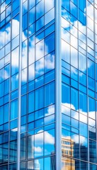 Fototapeta premium Modern Architecture Glass Facade of a Skyscraper Reflecting Blue Sky and White Clouds