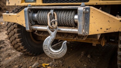 A closeup of a steel tow hook and winch assembly on a mining truck with the remnants of earth clinging to the metallic surface indicating heavy use in rugged terrain.