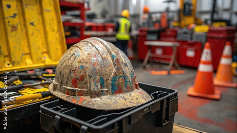 Poster A closeup of a weatherbeaten hard hat splattered with paint and grime resting on a toolbox in a vibrant work environment filled with equipment.