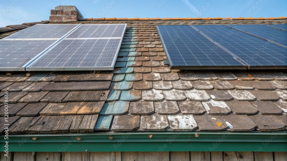 Poster a closeup of a weathered rooftop adapted for solar panel installation highlighting the contrasting t